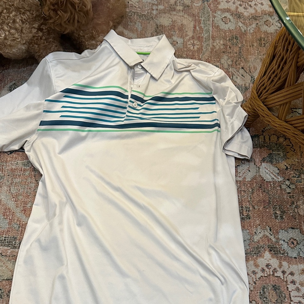 Under Armour White Polo with Blue and Green Stripes